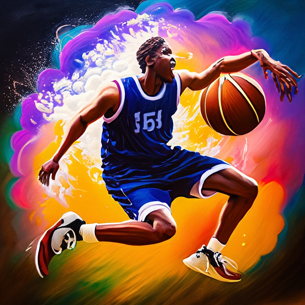 Imagem gerada pela inteligência artificial Adobe Firefly. Homem jogando basquete com as mãos deformadas.