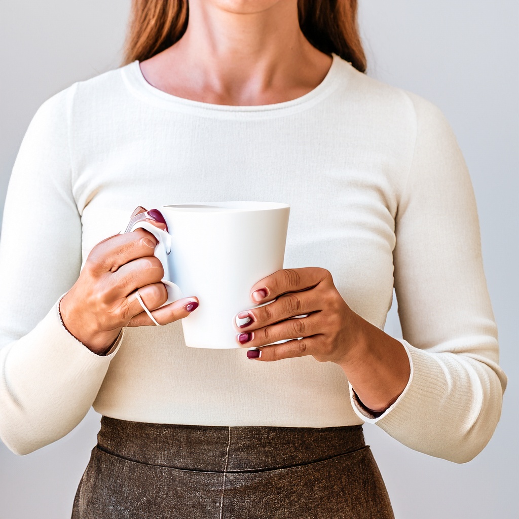 Imagem gerada pela inteligência artificial Adobe Firefly. Mulher segurando uma xícara de café com as mãos deformadas.