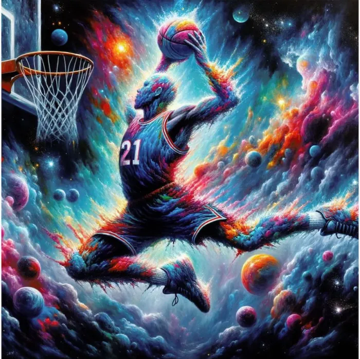 Uma expressiva pintura a óleo de um jogador de basquete mergulhando, retratada como a explosão de uma nebulosa.