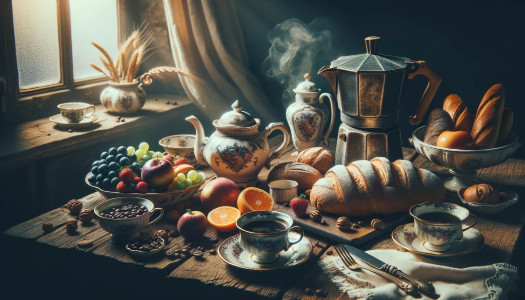 Um café da manhã estilo vintage em uma mesa de madeira rústica, com louças clássicas, uma variedade de pães e frutas, uma cafeteira antiga fumegante, tudo sob a luz suave de uma manhã tranquila.