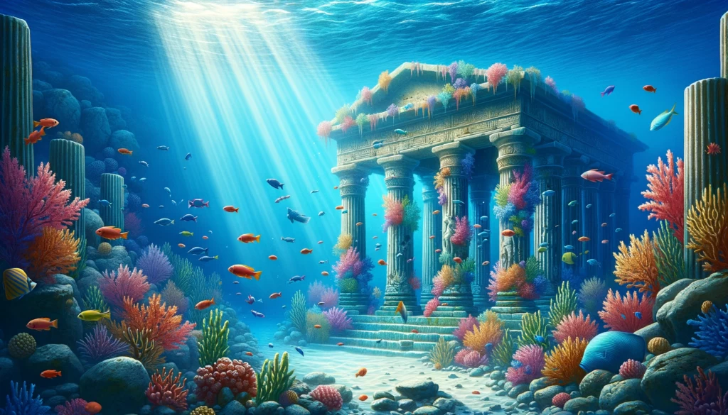 Uma cena subaquática mística com um antigo templo submerso, peixes coloridos nadando entre colunas corais, raios de luz filtrando através da água cristalina, e uma atmosfera de mistério e serenidade.