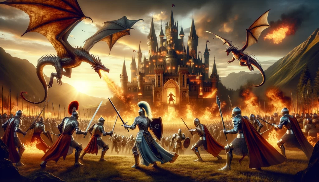 Uma cena de batalha medieval épica com cavaleiros em armaduras brilhantes, dragões cuspidores de fogo no céu, um castelo imponente ao fundo, e um campo de batalha iluminado por magia e fogo.