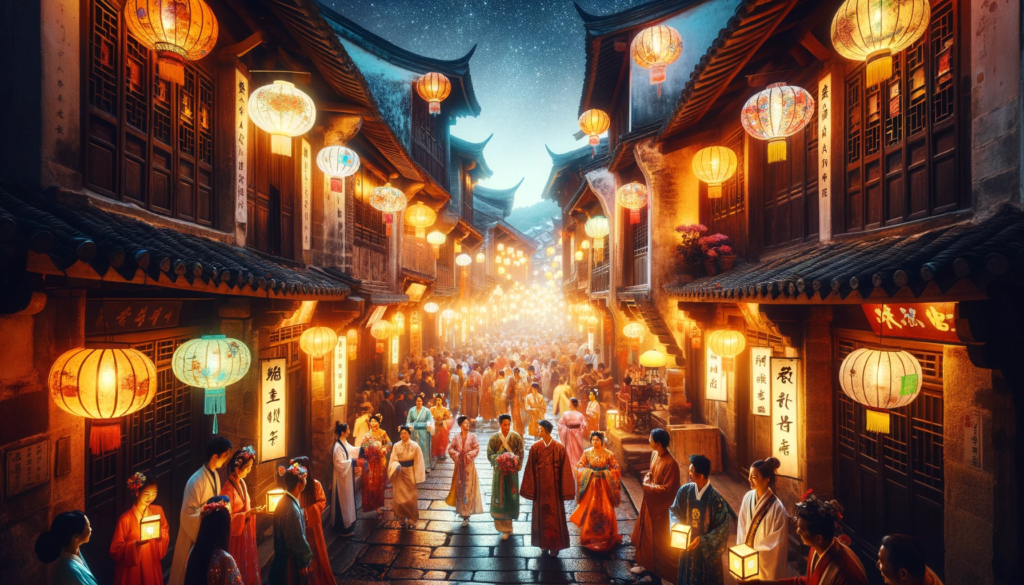 Um festival de lanternas em uma cidade asiática antiga, com ruas estreitas iluminadas por lanternas coloridas, pessoas em trajes tradicionais celebrando, e uma atmosfera festiva sob um céu estrelado.