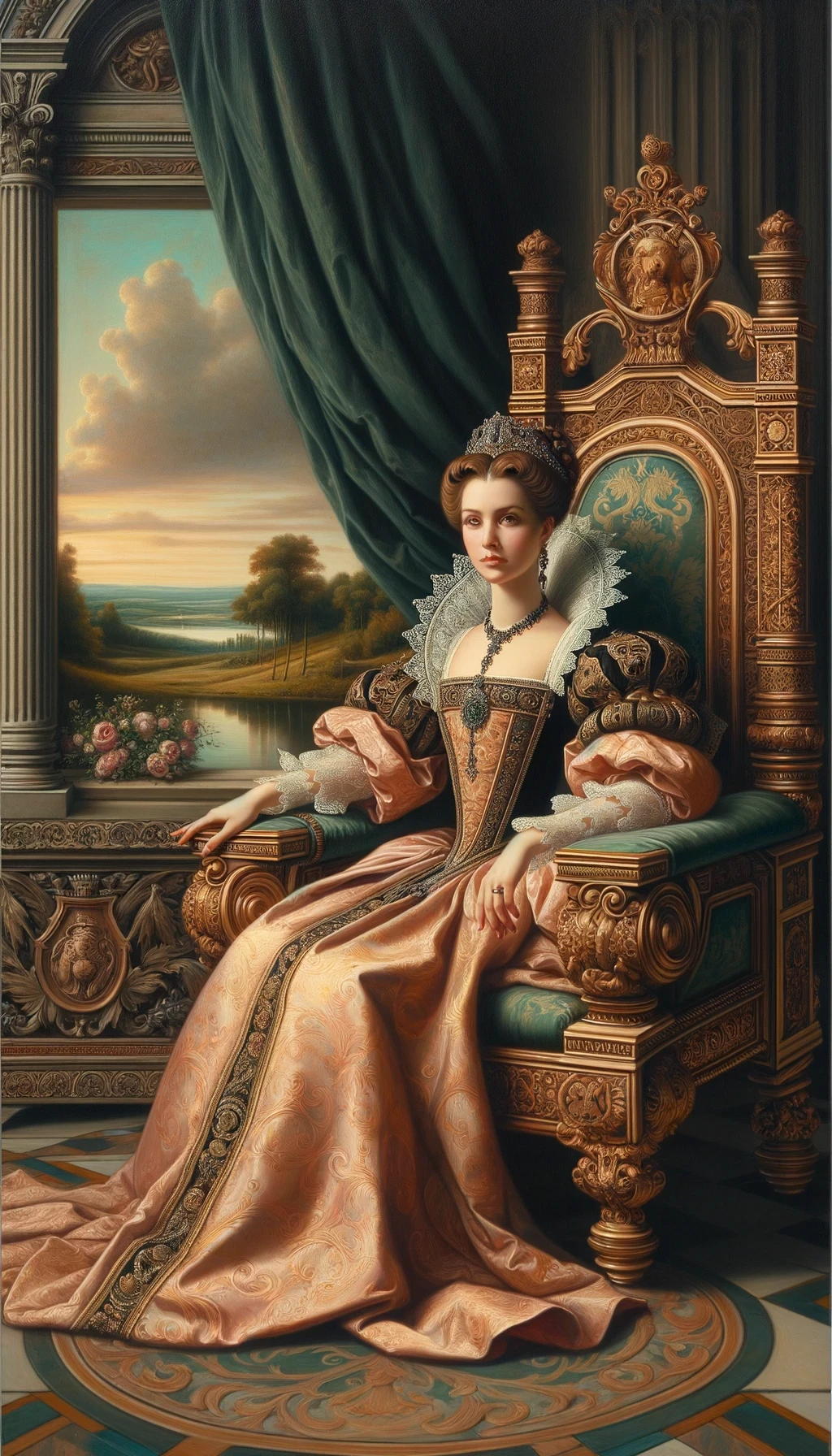 Um retrato detalhado no estilo renascentista de uma mulher nobre, vestida com um traje elegante da época, sentada em um trono ornamentado, com um olhar pensativo e uma paisagem clássica ao fundo.