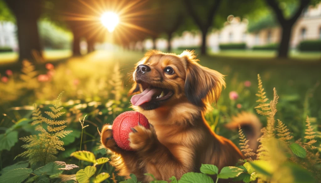 um cachorro fofo de pelo marrom brincando com uma bola vermelha em um parque ensolarado