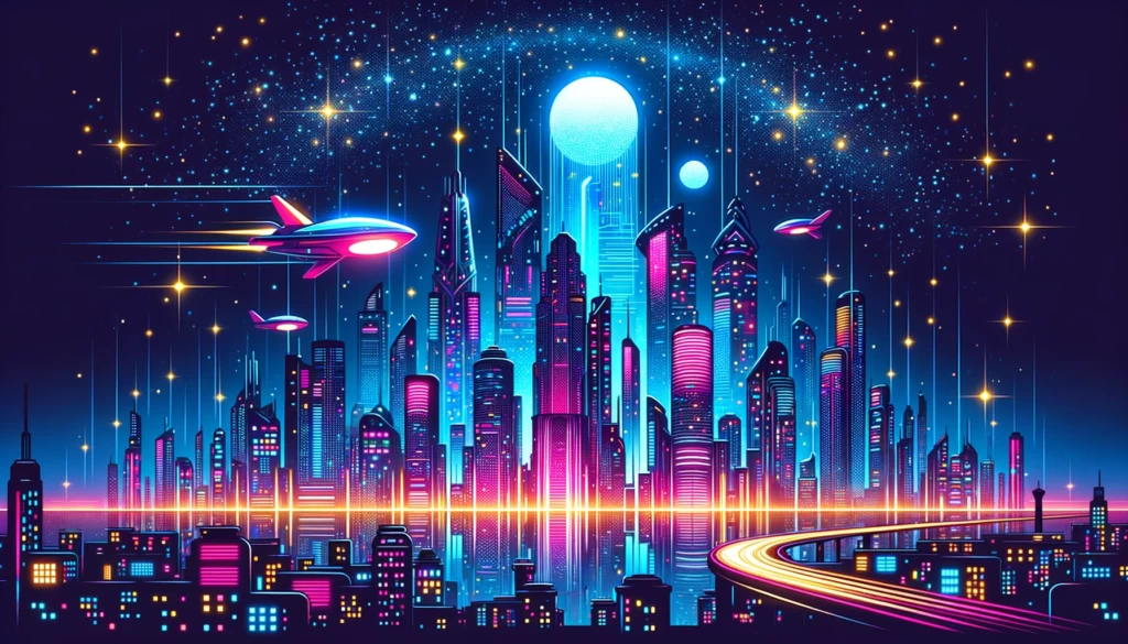 uma cidade futurista à noite, iluminada por luzes de neon, com um céu estrelado e carros voadores
