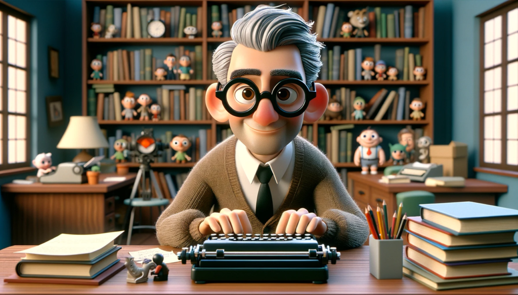 Uma imagem estilo Pixar de um escritor branco, cabelos grisalhos, óculos preto arredondado, olhos castanhos, em uma sala com estantes e prateleiras com livros e miniaturas de personagens de desenhos animados, sentado atrás de uma mesa, com uma máquina de escrever, escrevendo histórias infantis.
