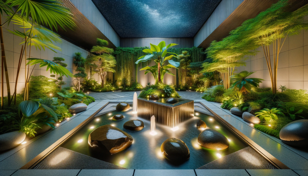 Um jardim zen em um ambiente urbano, com caminhos de pedra suave, vegetação exótica, fontes interativas de água e luz, e uma atmosfera serena sob um céu estrelado artificial.