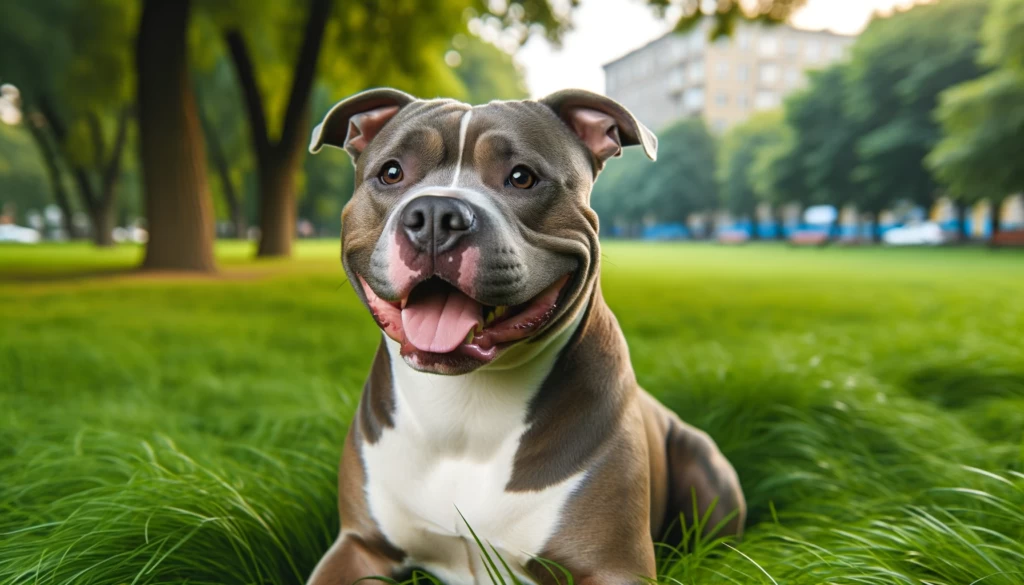 Um pitbull sorridente sentado no parque.